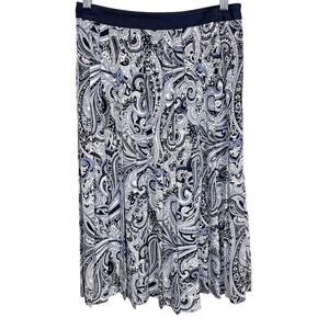 Trina Turk Womens Silk Paisley Pleated Skirt Blue White Midi Ribbon Waist Size 2